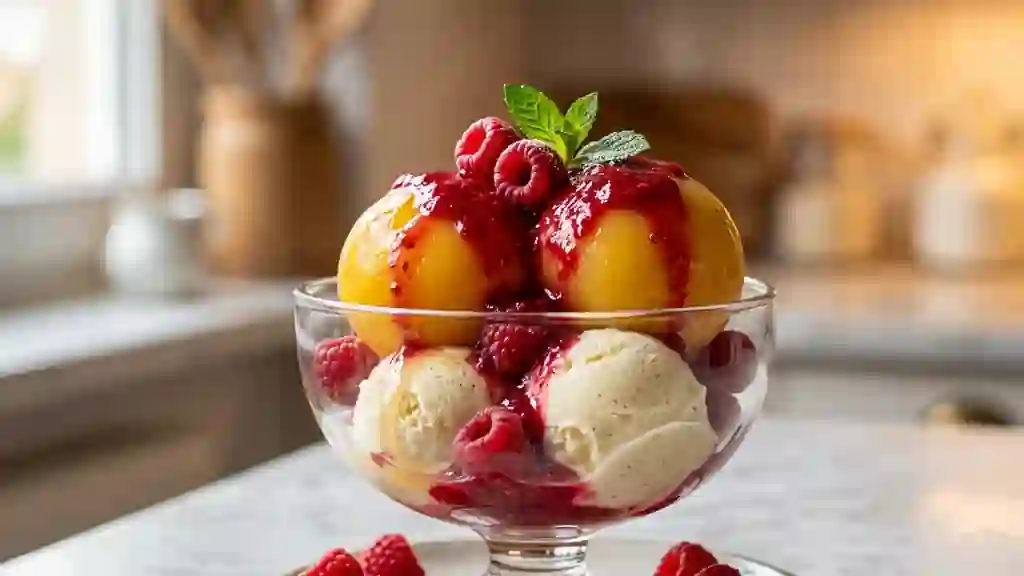 Pêche Melba Fondante et Framboises Acidulées - Photo de présentation