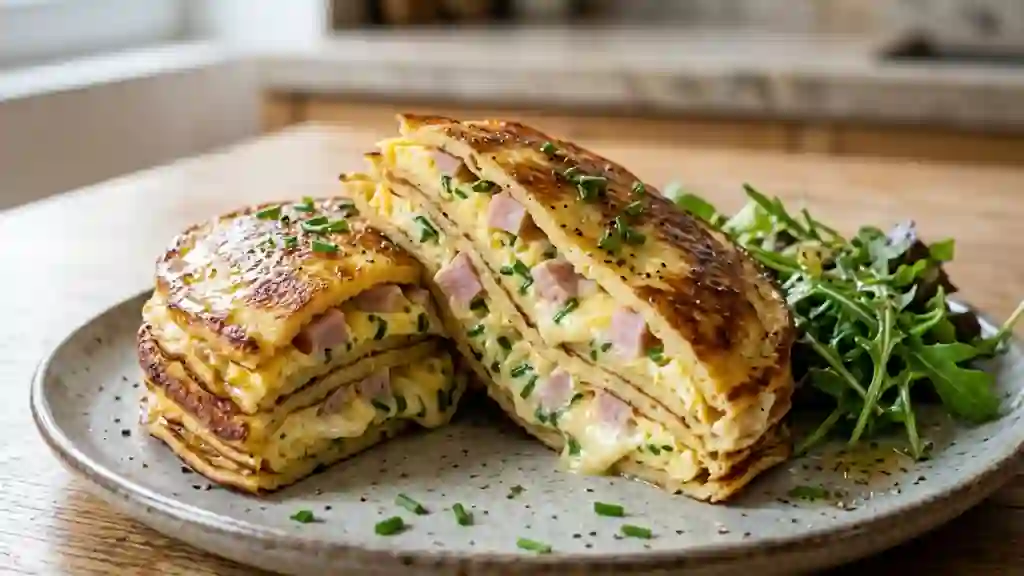 Stack de crêpes dorées au jambon et fromage - Photo de présentation