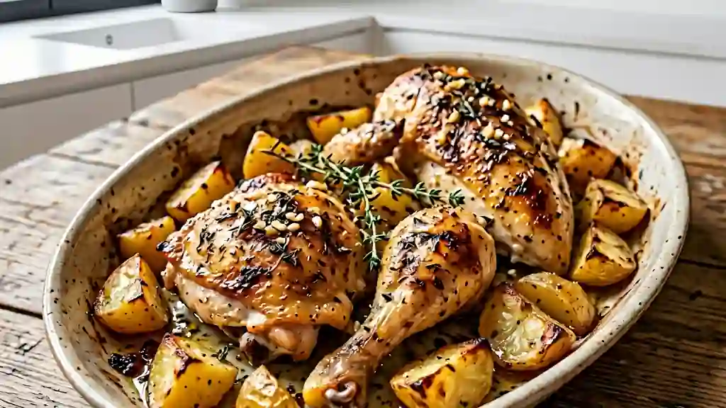 Poulet rôti à l'ail et pommes de terre dorées - Photo de présentation