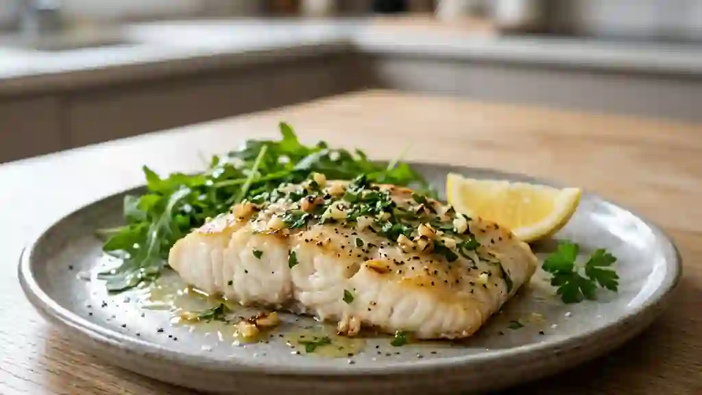 Filet de poisson blanc au four, ail et citron - Photo de présentation