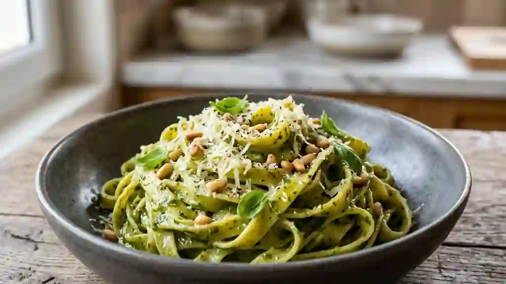 Pâtes au Pesto Onctueuses et Pignons Grillés - Photo de présentation