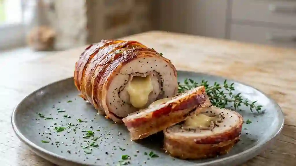 Roulade de poulet fondante au vacherin et lard - Photo de présentation