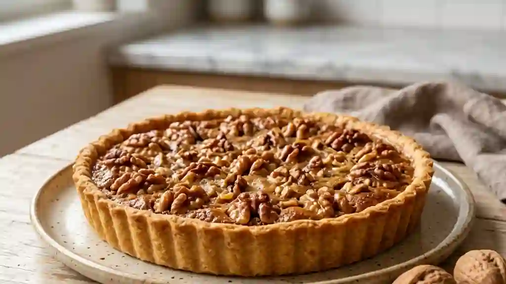 Tarte aux noix caramélisées et crème vanille - Photo de présentation