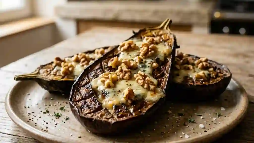 Aubergines fondues au Roquefort et noix - Photo de présentation