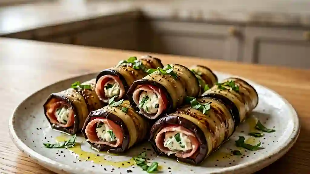 Roulés d'aubergines fondants au jambon cru - Photo de présentation
