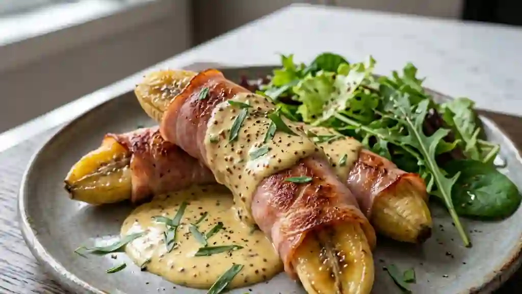 Bananes au jambon fondantes, crème à l'estragon - Photo de présentation
