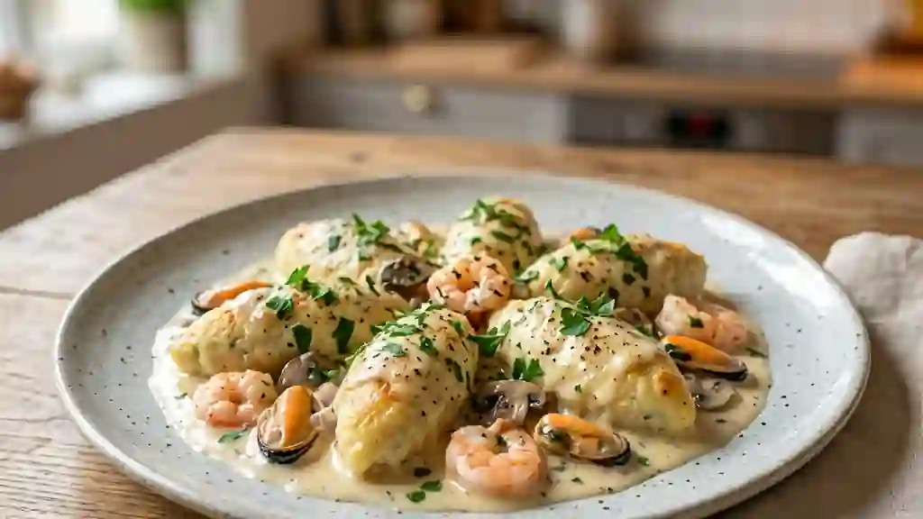 Quenelles crémeuses aux fruits de mer et vin blanc - Photo de présentation