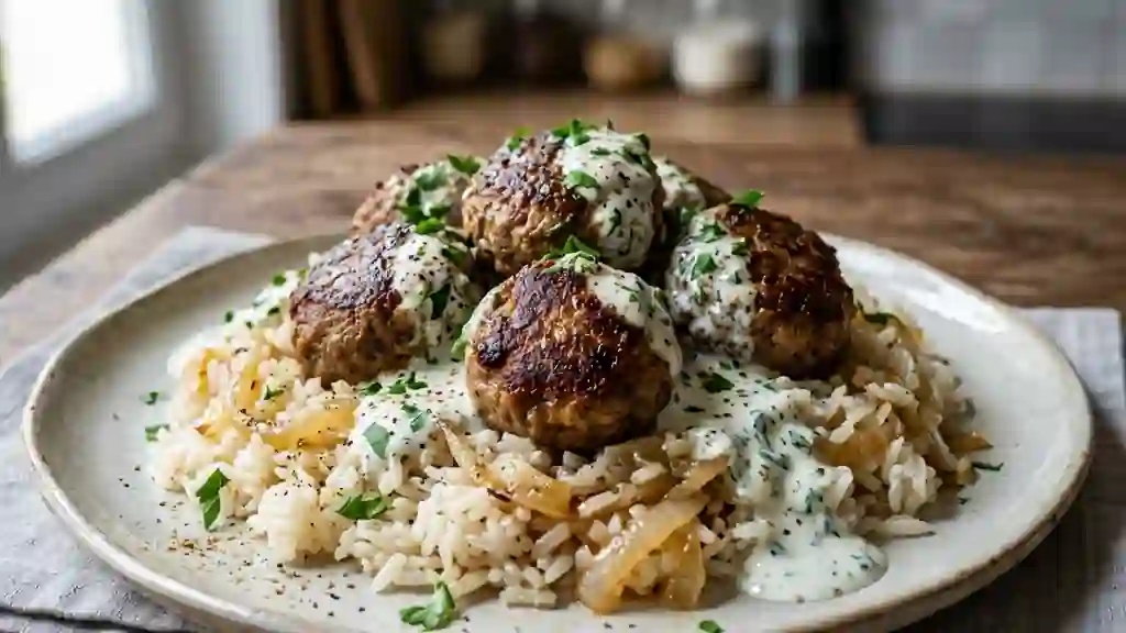 Boulettes de bœuf juteuses, riz fondant et yaourt - Photo de présentation