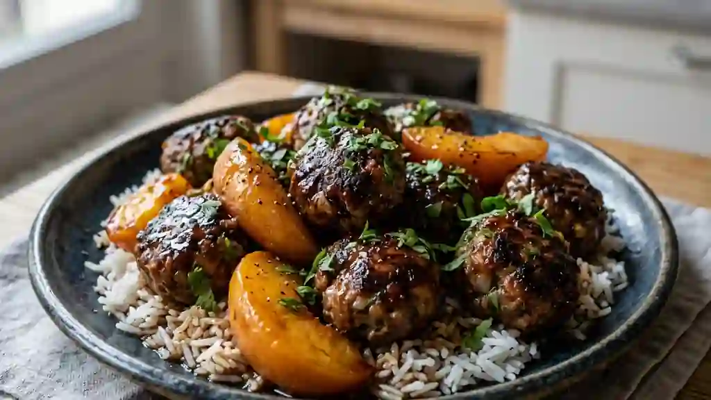 Boulettes de bœuf et pêches caramélisées - Photo de présentation