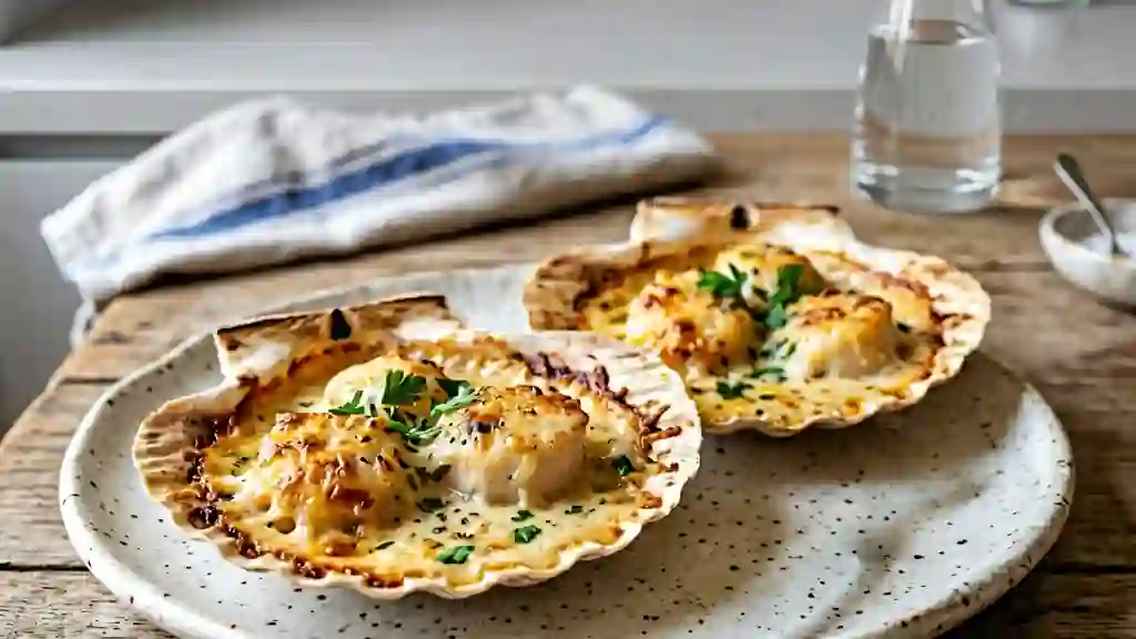 Saint-Jacques crémeuses et croûte de parmesan - Photo de présentation