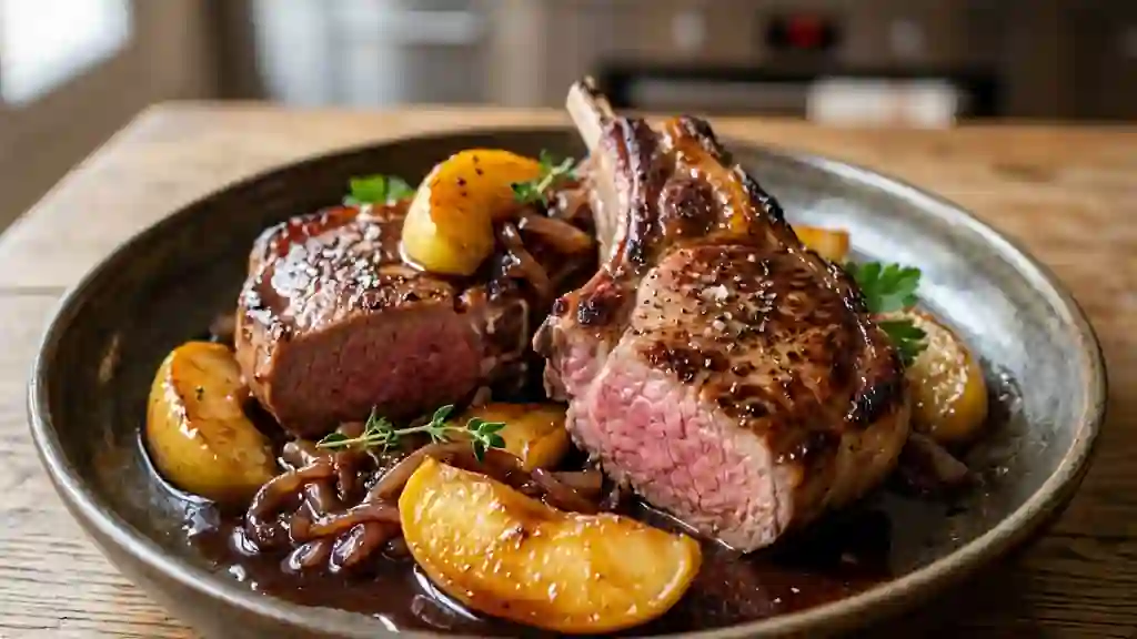 Marcassin poêlé, pommes fondantes et vin rouge - Photo de présentation