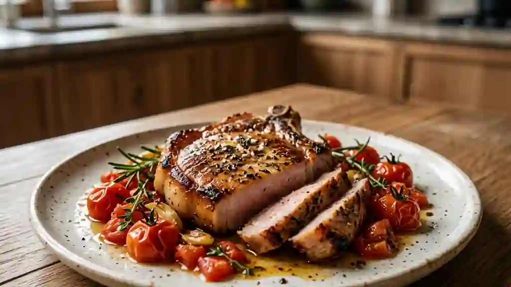 Côtes de porc juteuses aux tomates et romarin - Photo de présentation