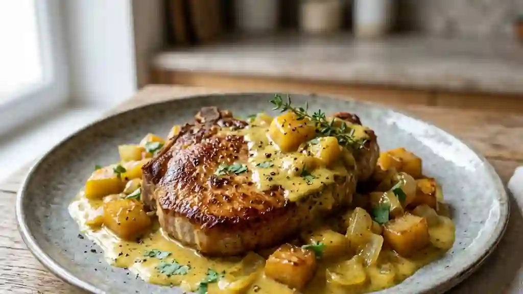 Côtes de porc fondantes au curry et pommes - Photo de présentation