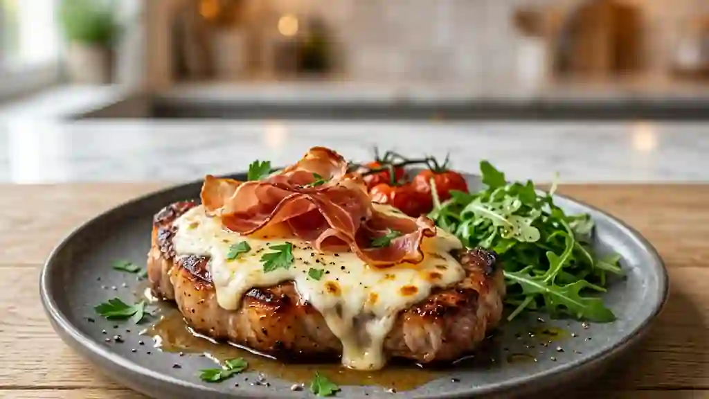 Côte de veau gratinée, jambon cru et mozzarella - Photo de présentation