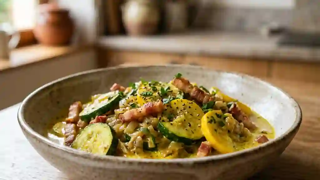 Courgettes fondantes au curry et lardons fumés - Photo de présentation