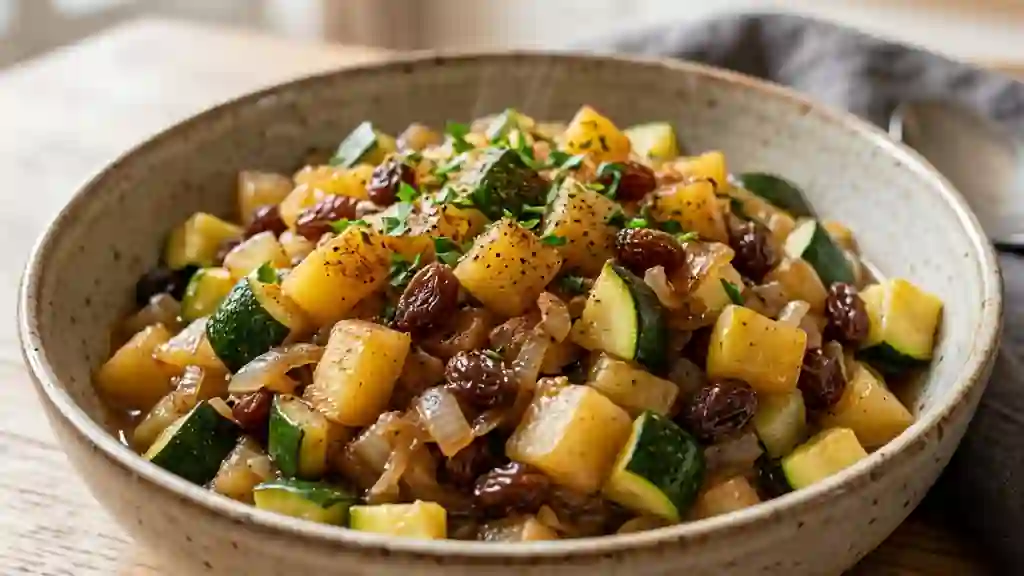 Poêlée de courgettes fondantes, pommes et raisins - Photo de présentation