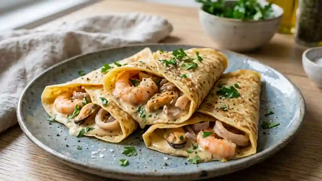 Crêpes fondantes aux fruits de mer et crème - Photo de présentation