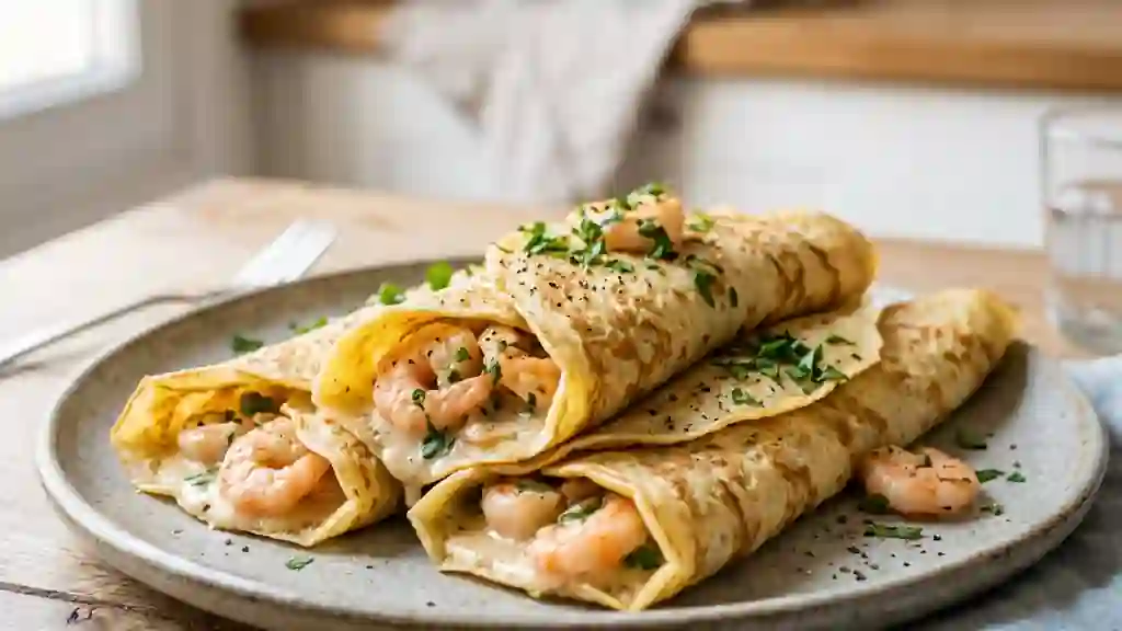 Crêpes fondantes aux crevettes crémées - Photo de présentation