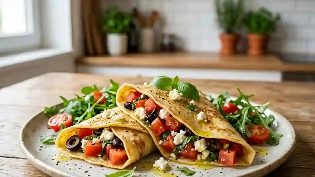 Crêpes fondantes feta, olives et basilic frais - Photo de présentation