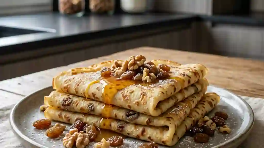 Crêpes moelleuses aux noix et raisins charnus - Photo de présentation