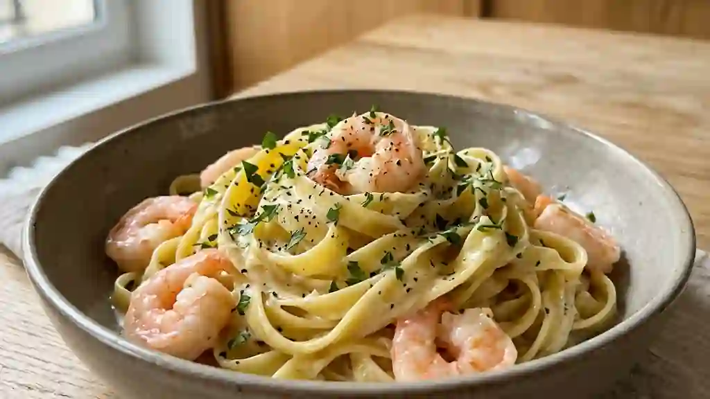 Fettuccine crémeuses aux crevettes et ail - Photo de présentation