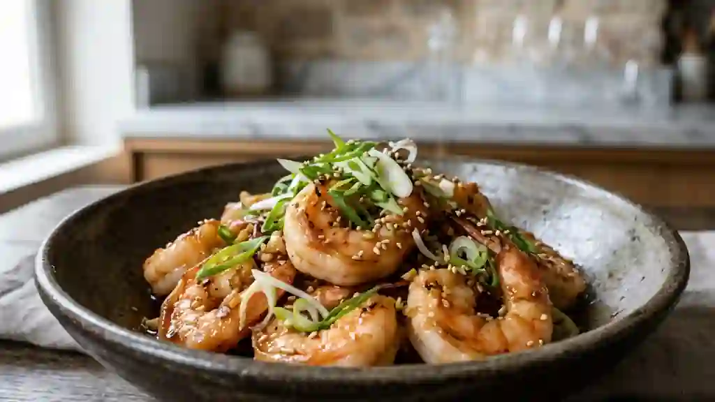Crevettes sautées, gingembre et sésame grillé - Photo de présentation