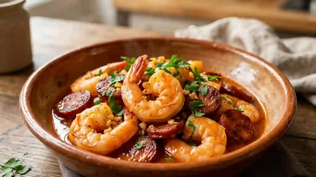 Crevettes et chorizo grillés à l'ail - Photo de présentation