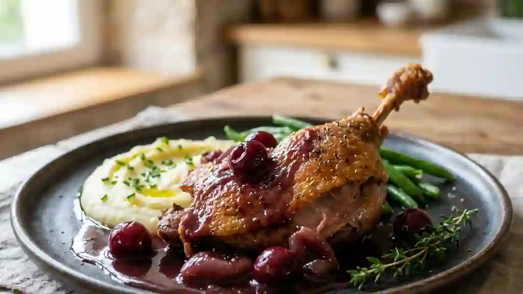 Cuisses de canard rôties et jus corsé aux cerises - Photo de présentation