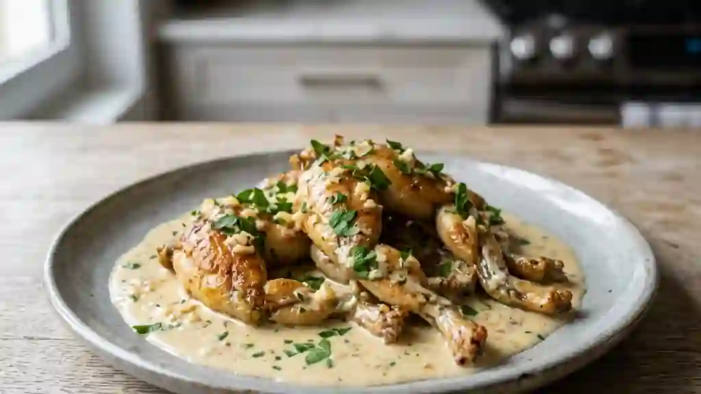 Grenouilles dorées à la crème d'ail onctueuse - Photo de présentation