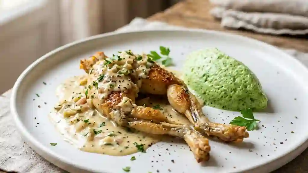 Grenouilles à la crème d'ail et mousse de persil - Photo de présentation