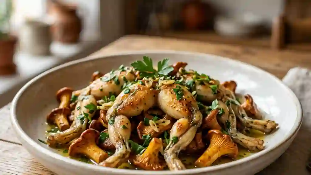 Cuisses de grenouilles dorées et girolles à l'ail - Photo de présentation