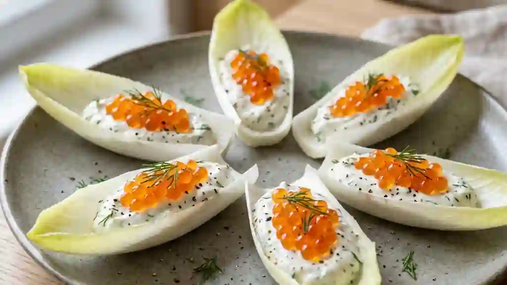 Barquettes d'endives fraîches et perles de saumon - Photo de présentation