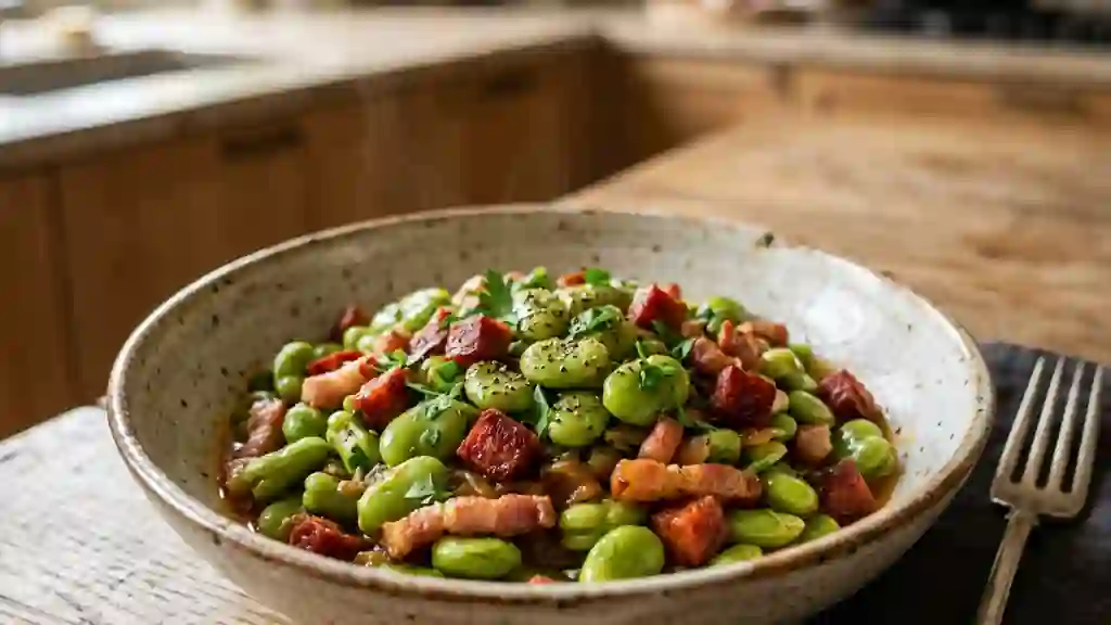 Poêlée de fèves au chorizo fumé et lardons - Photo de présentation