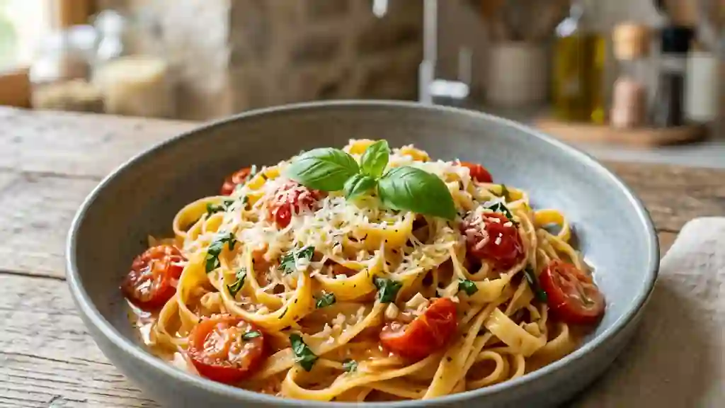 Pâtes à l'ail et tomates cerises fondantes - Photo de présentation
