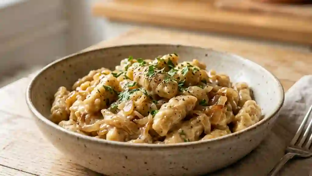 Knepfle fondants à la crème et oignons dorés - Photo de présentation