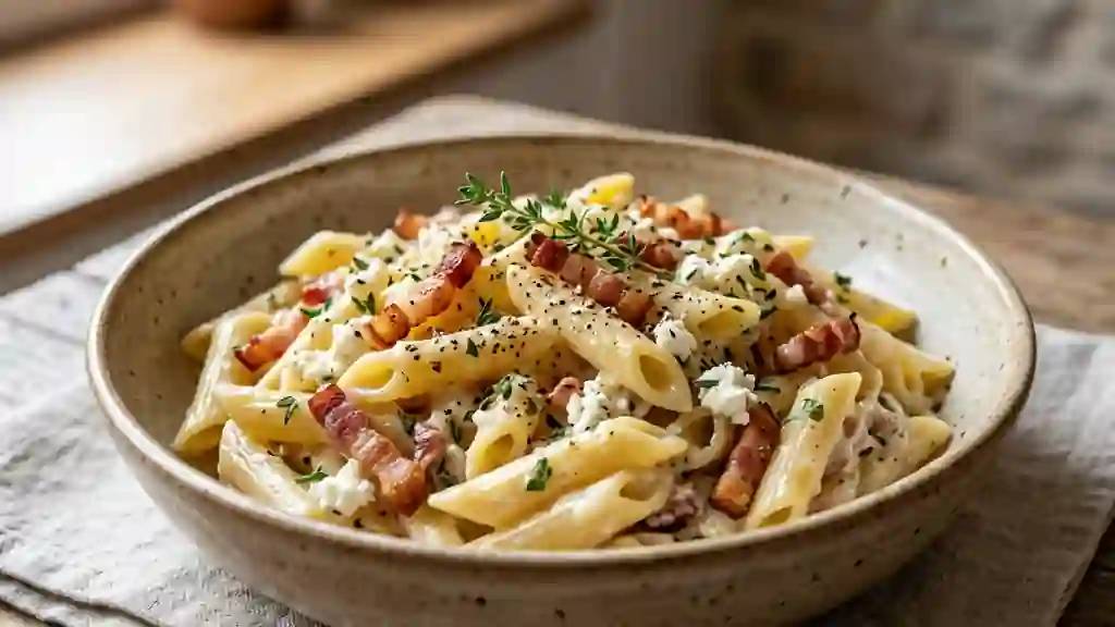 Pâtes crémeuses au chèvre, thym et lardons - Photo de présentation