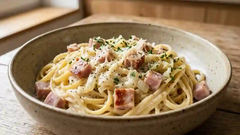 Pâtes crémeuses au jambon et parmesan - Photo de présentation