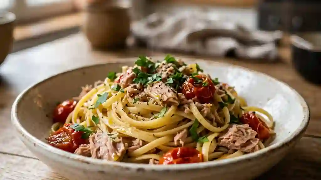 Pâtes au thon, ail et tomates cerises rôties - Photo de présentation