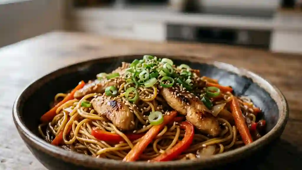 Wok de nouilles au poulet croquant et sésame - Photo de présentation