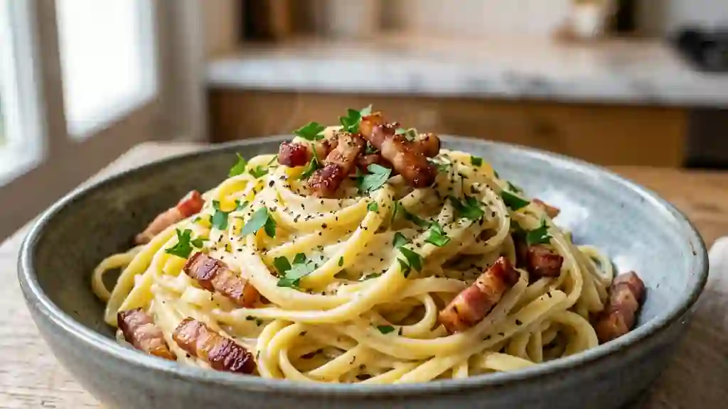 Pâtes crémeuses au Boursin et lardons fumés - Photo de présentation