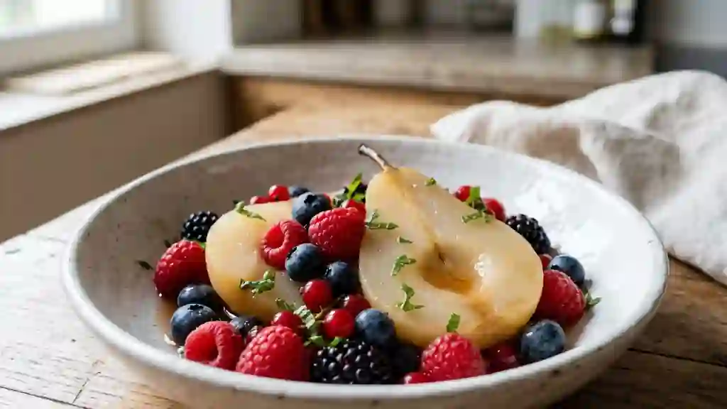 Poires pochées fondantes et fruits rouges - Photo de présentation
