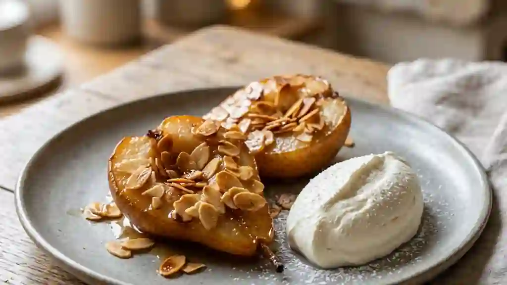Poires fondantes, amandes grillées et chantilly - Photo de présentation