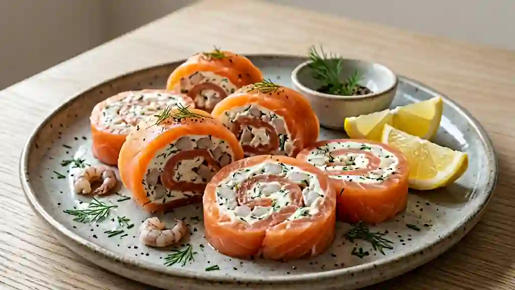 Roulés de saumon fondants et crevettes grises - Photo de présentation