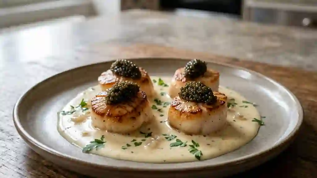 Saint-Jacques snackées au caviar et crème citron - Photo de présentation