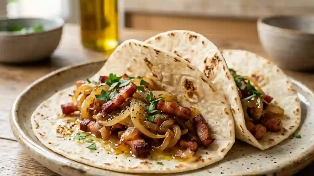 Tortillas croustillantes au lard et oignons - Photo de présentation