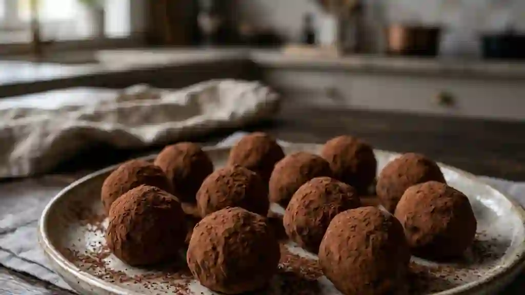 Truffes de chocolat blanc soyeuses au cacao - Photo de présentation
