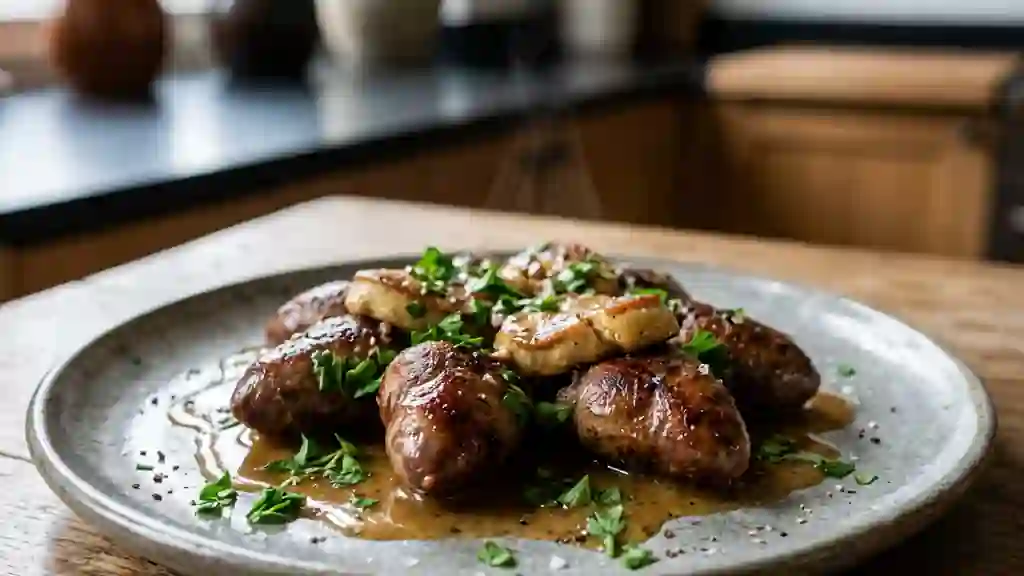 Cœurs de canard fondants au foie gras poêlé - Photo de présentation