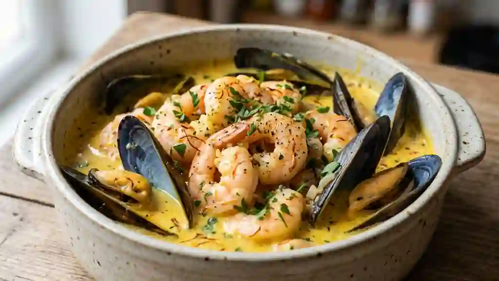 Crevettes et moules onctueuses au safran - Photo de présentation