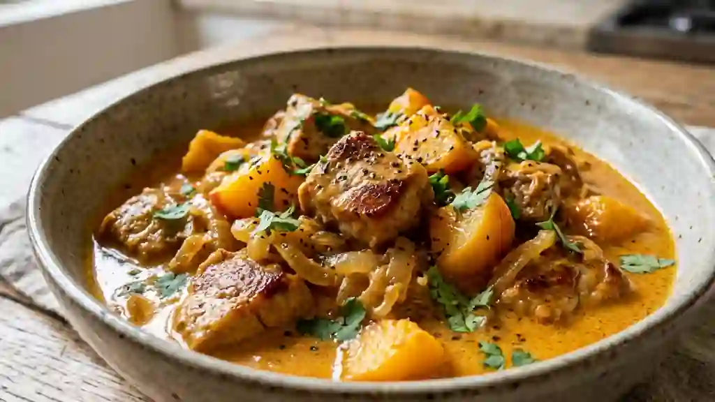 Porc au curry rouge et pêches fondantes - Photo de présentation