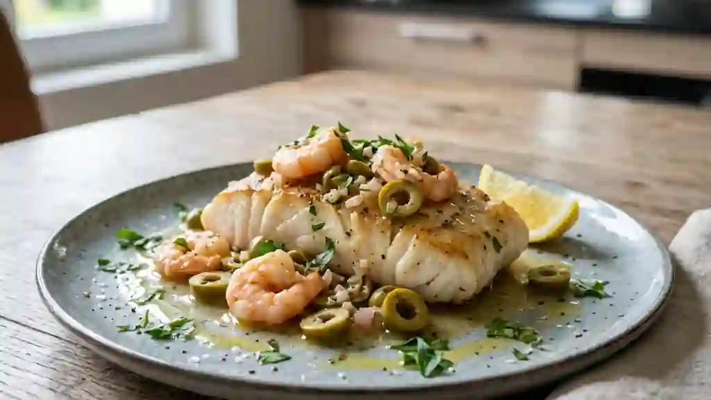 Poisson nacré aux crevettes et olives - Photo de présentation